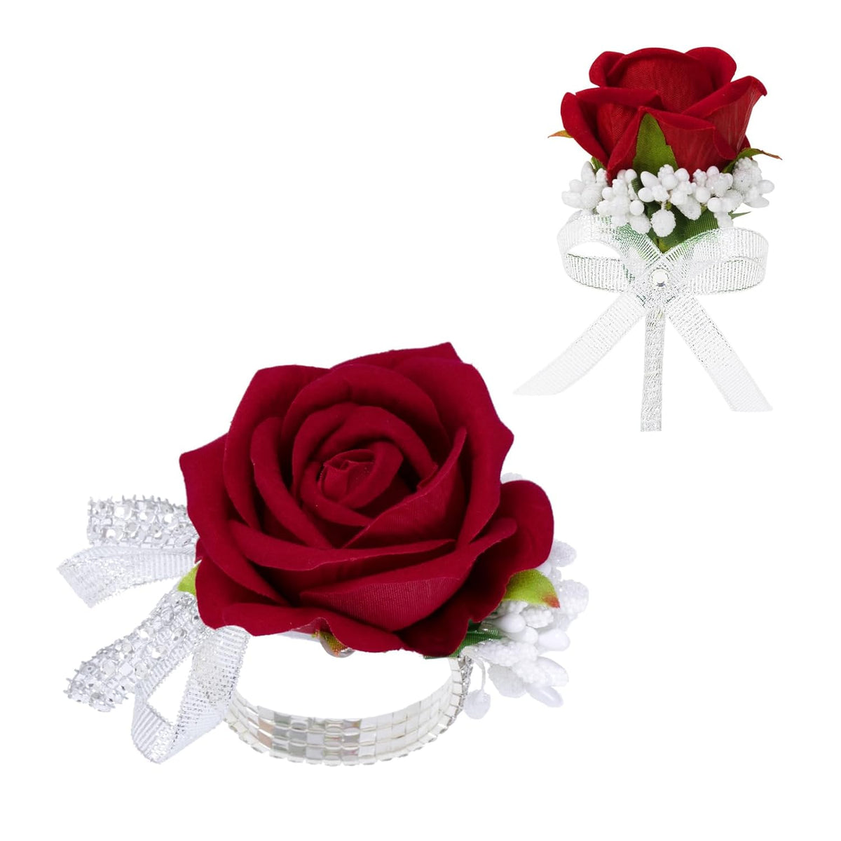 2Pcs Red Artificial Rose Corsage Wristlet Band And Men Boutonniere Set, For Prom Suit Decorations Wedding Party Flower Accessories