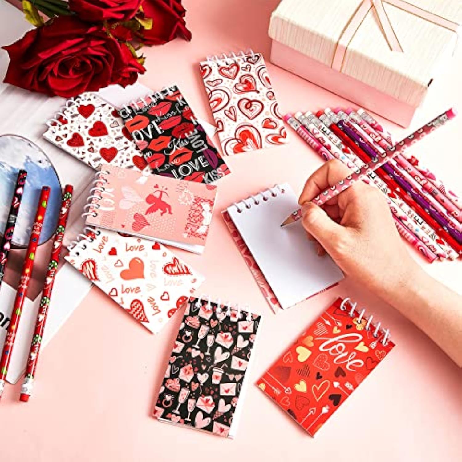 48 Pieces Mini Valentines Day Notepads Valentines Pencils Set Heart Spiral Notebooks Holiday Decoration Party Favors Supplies Goodie Bag Stuffers For Classroom School