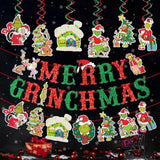 Merry Christmas Banner Cute Red Green Glitter Christmas Banner Sign Whoville Green Elf Winter Holiday Party Decor Fireplace Mantel Photo Props Backdrop