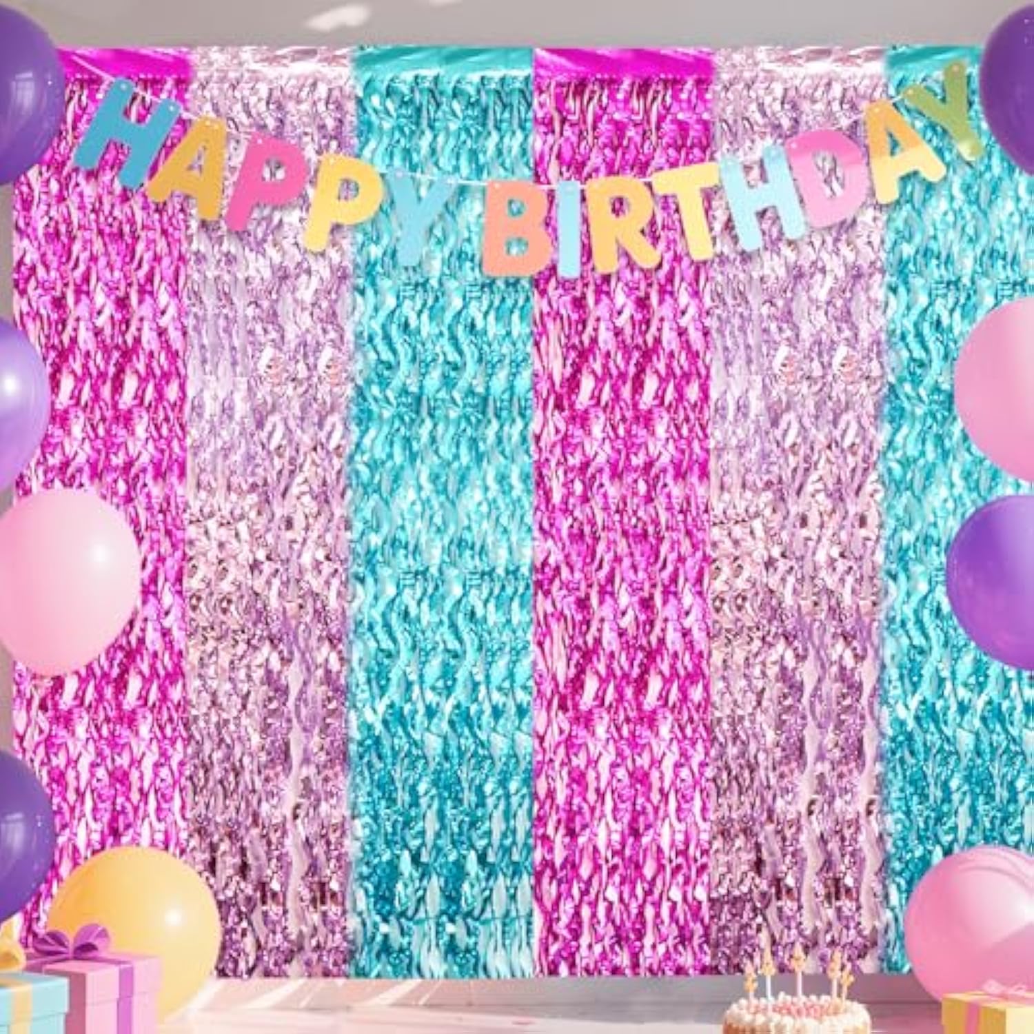 3 Pack Wavy Foil Fringe Curtain, Pink Purple Blue Streamers Water Beach Backdrop For Mermaid Theme Birthday Decorations Under The Sea Party Decorations, Summer Holiday Party, 3.3X6.6 Feet