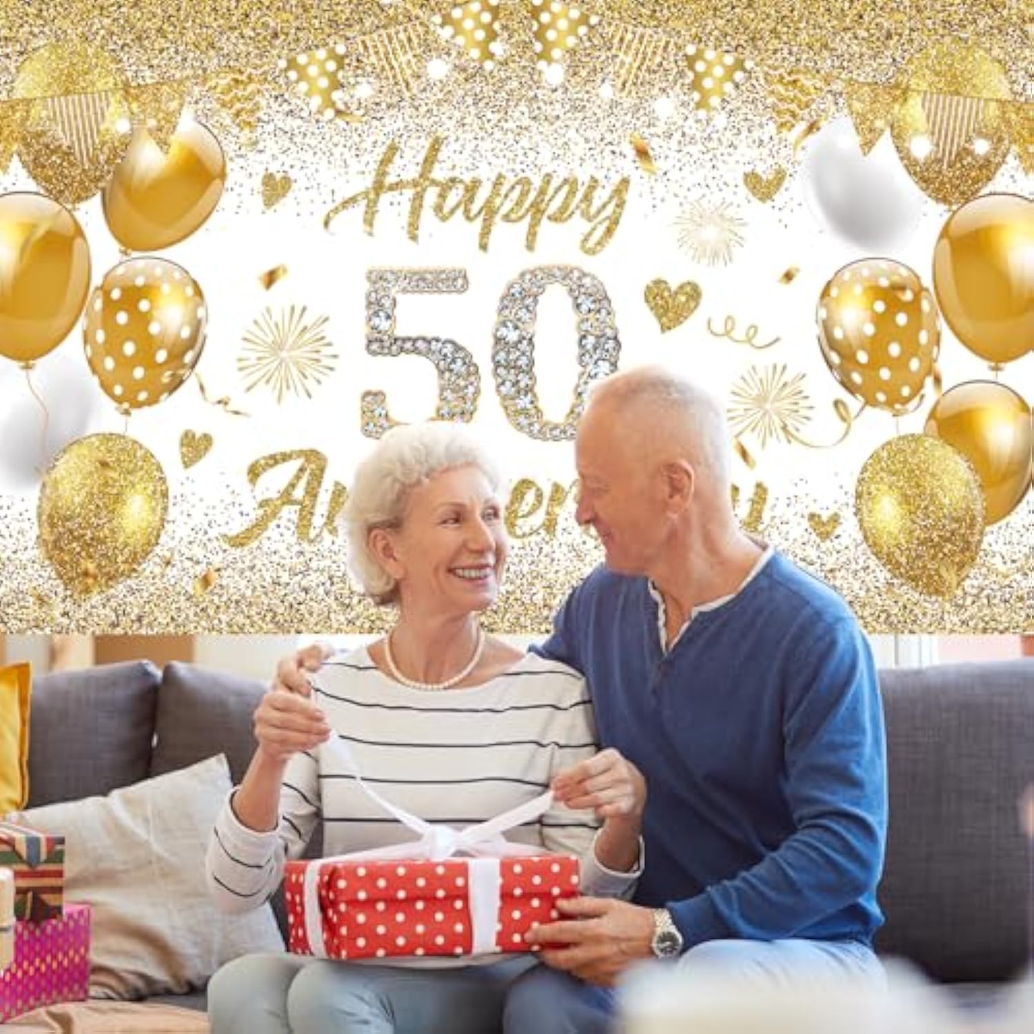 50Th Wedding Anniversary Banner Decorations, White Gold Happy 50 Anniversary Party Supplies, Golden 50 Th Wedding Anniversary Decorations Decor Poster Photography For Backdrop 72.8X43.3 Inches