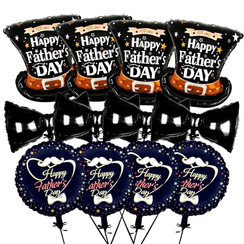 Happy Fathers Day Balloons Set - 12 Pieces | 4 Pieces Giant 31 Inch Bow Balloons | 4 Pieces 25 Inch Hat Balloon | 4 Piece 18 Inch Round Father's Day Balloon, Happy Fathers Day Decorations for Party