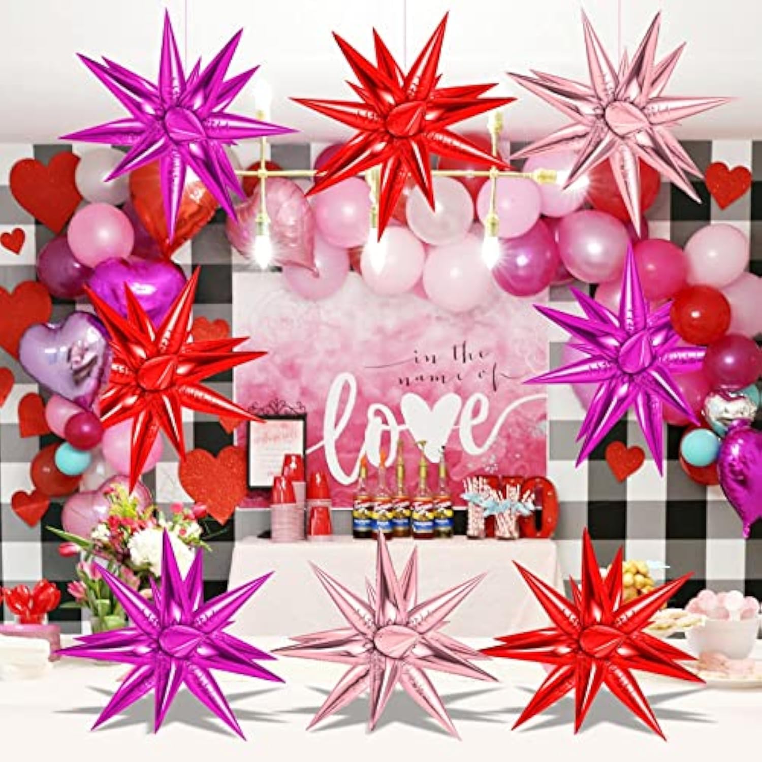 72 Pcs Pink Red Rose Gold Star Balloons, Big 26 Inch Explosion Starbur