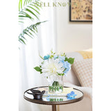 Artificial Flowers In Glass Vase With Fake Water, Silk Rose Dahlia Flower Bouquet For Home Dinning Tea Table, Office Desktop, Hotel, Wedding, Party, Lavatory Decor & Gift (Blue & White)