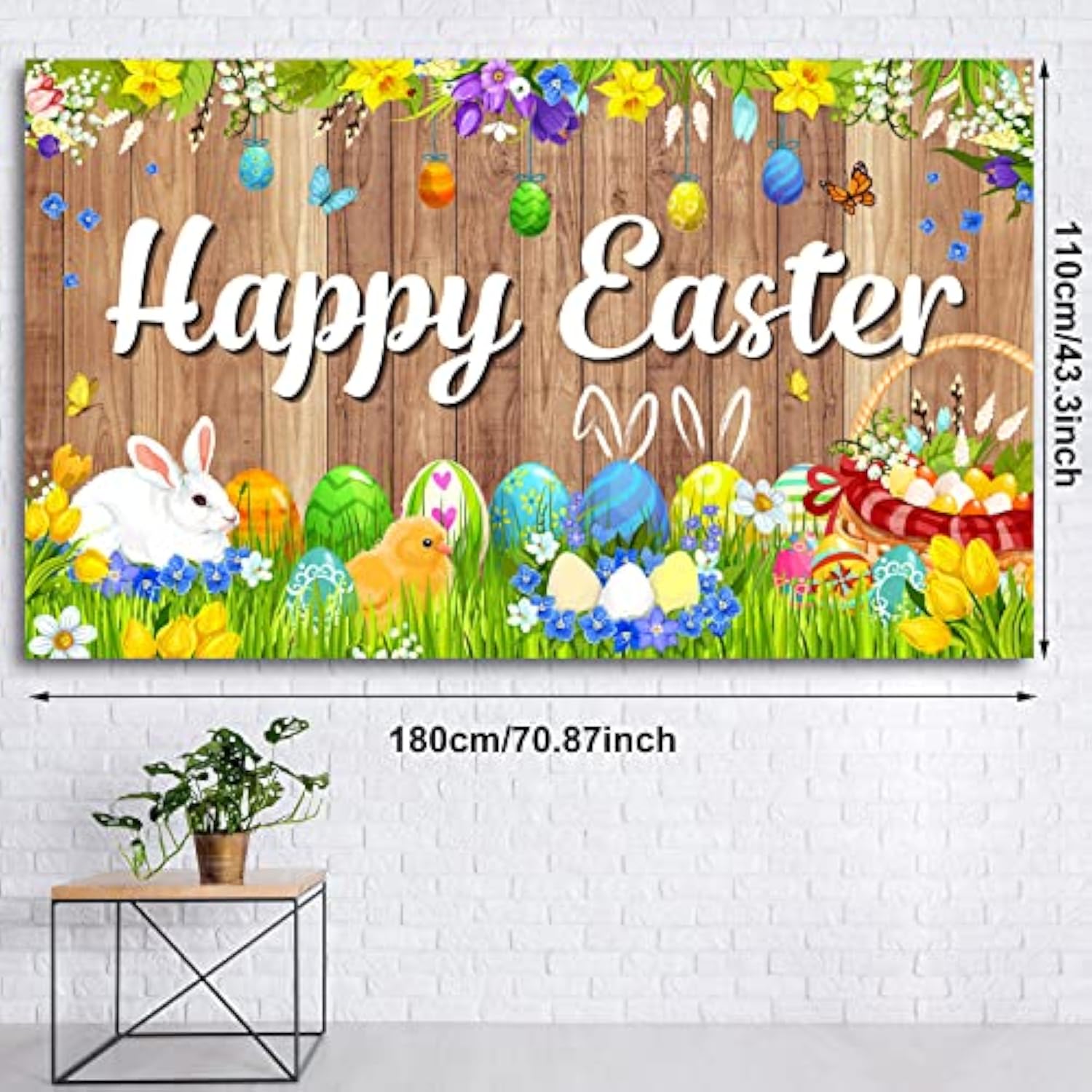 Happy Easter Backdrops Photography Banner Decorations Bunny Grassland Rustic Wood Background Eggs Banner For Jesus Easter Spring Party Decorations, 70.8 X 43.3 Inch