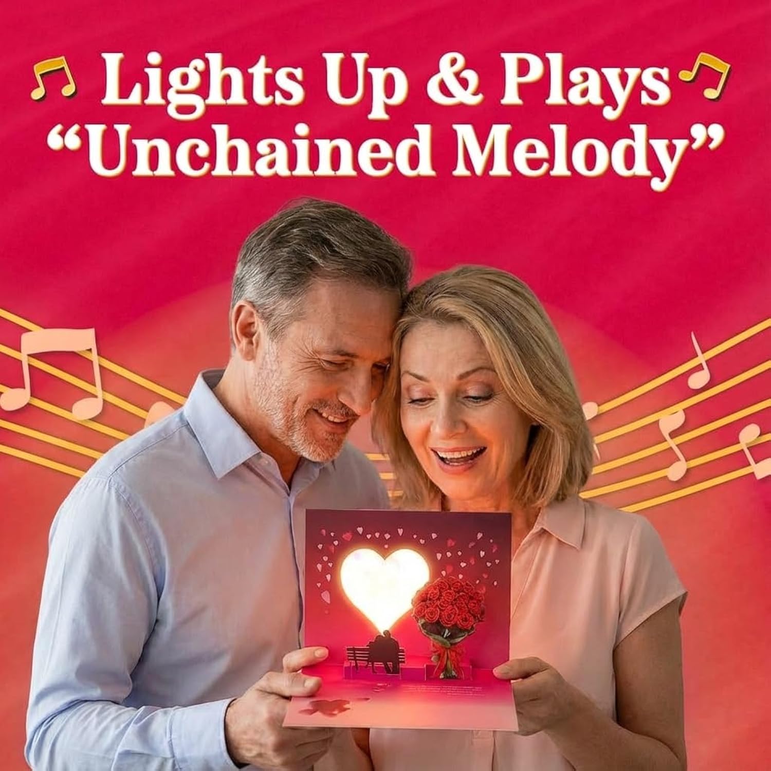 Pop Up Valentines Day Card Plays "Unchained Melody" - 3D Romantic Couple Scene With Roses & Glowing Heart Sunset - Musical Keepsake Gift For Your Sweetheart With Lights & Music (Cute Couple)