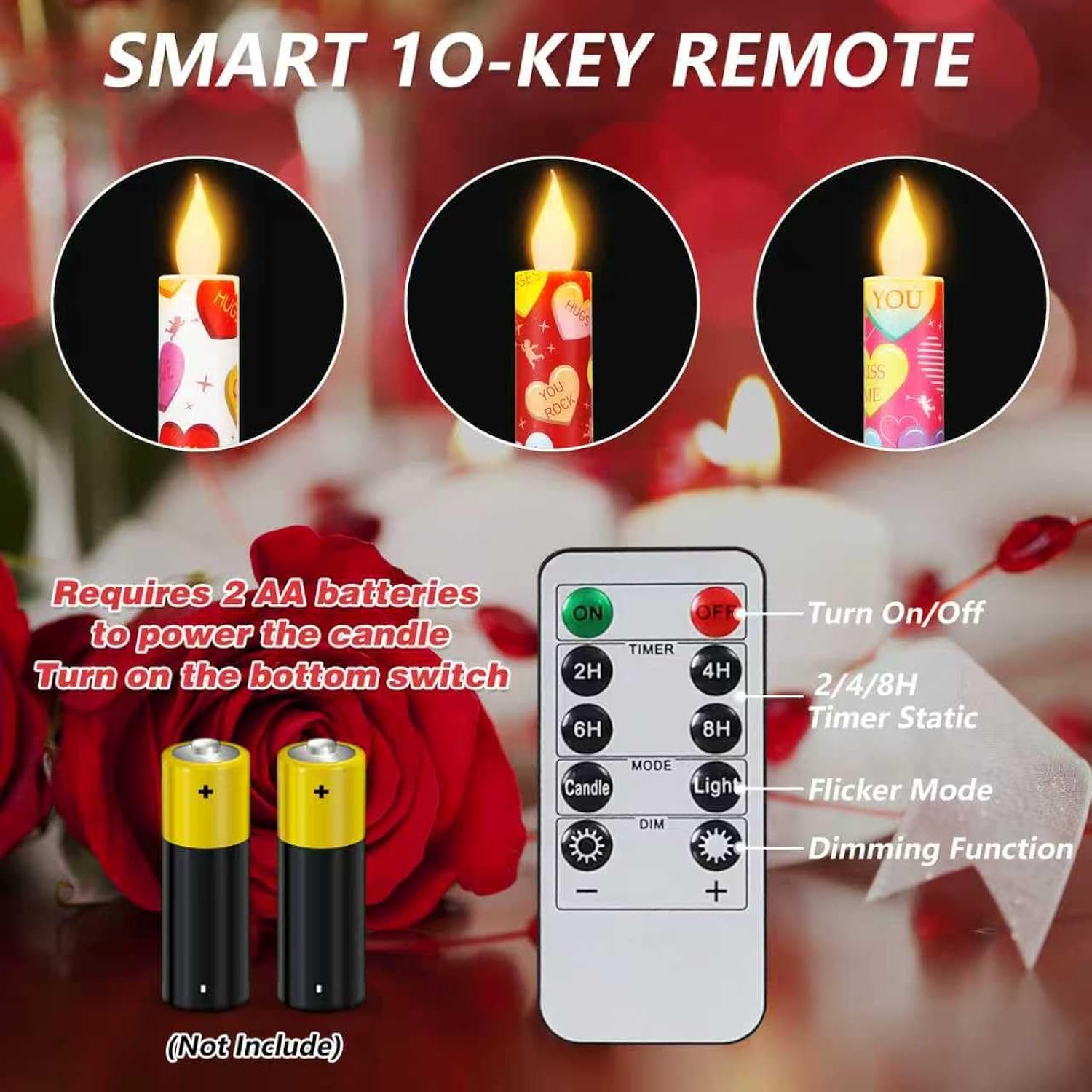 6 Pcs Valentine Day Flameless Taper Candles Battery Operated With Remote 10.6 Inch Romantic Conversation Heart Shaped Candles For Night Valentines Gifts Anniversary Festival Gift Decor