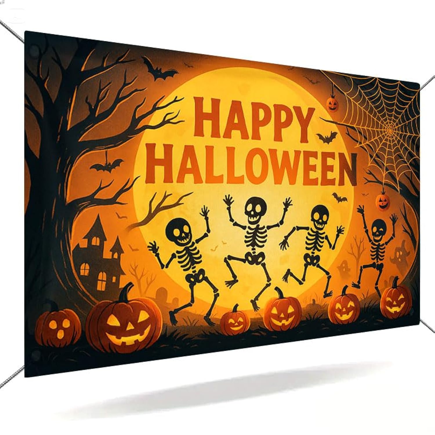 Large Happy Halloween Banner 71x43 Inch Skeleton Pumpkin Backdrop Haunted House Decor
