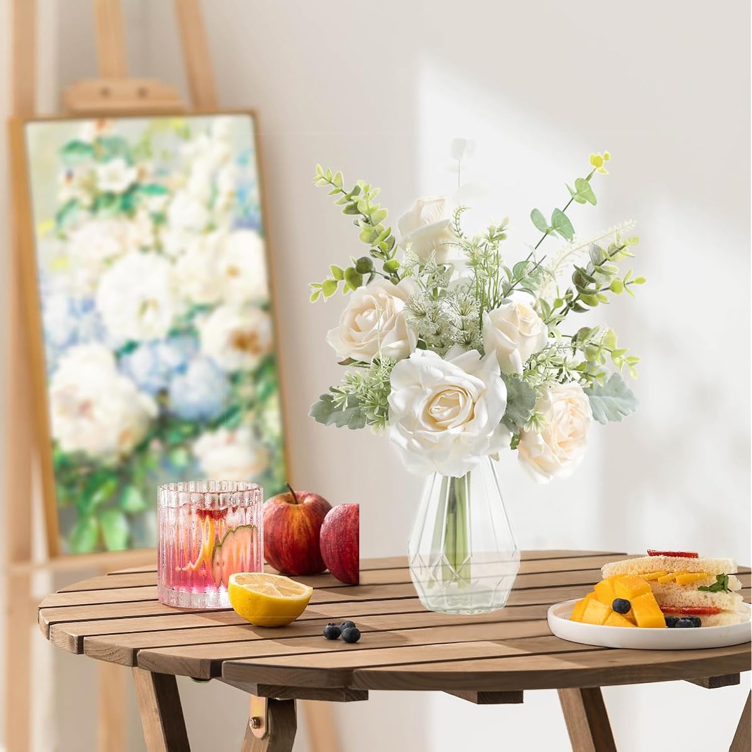 Artificial Flowers With Vase,White Silk Roses And Fake Plant Eucalyptus In Vase,Faux Flower Arrangement With Vase Suitable For Home Office Decoration, Living Room And Dining Table Centerpiece