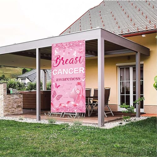 Breast Cancer Awareness Door Decorations Breast Cancer Awareness Banner Breast Cancer Awarenesss Door Banner for October Breast Cancer Month Party Decorations, 71 x 35 Inch (PINK)