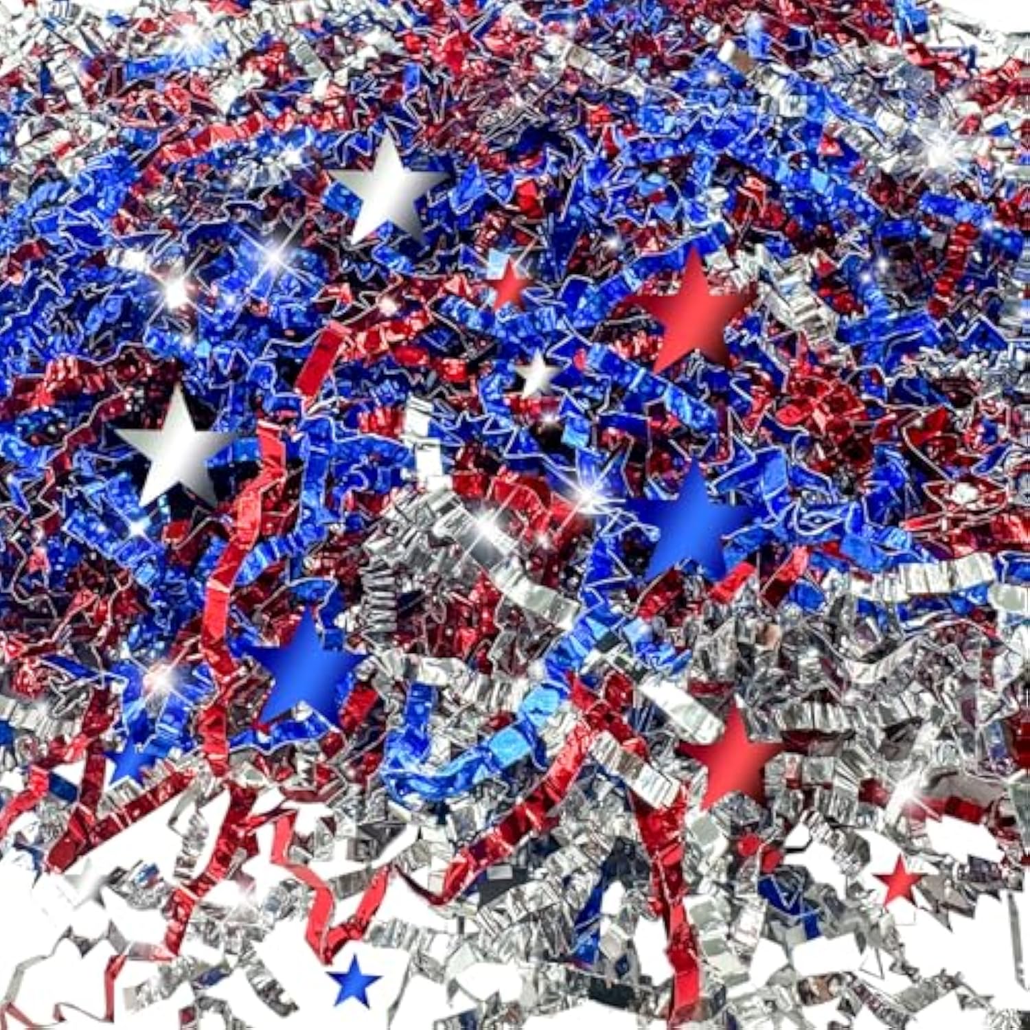 355G/12.5Oz American Patriotic Red Blue Crinkle Cut Paper With Star Confetti,Blue Red White Shred Filler Mix Raffia Tissue Craft Bedding Cushion, Party Birthday Gift Box