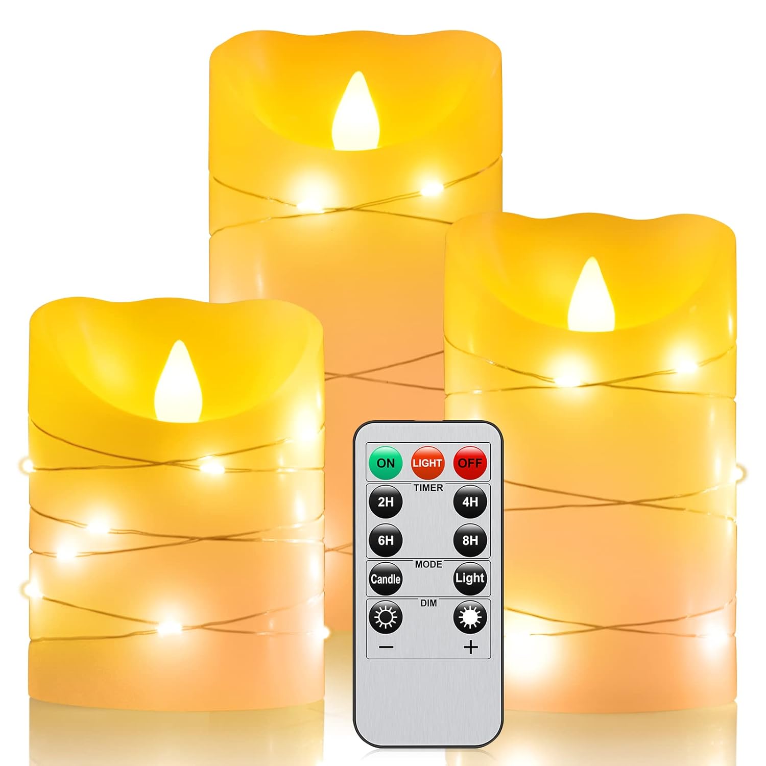 Flameless Battery Operated Led Candles With 11 Key Remote Control 24-Hour Timer Set Of 3? With Embedded String Lights Electric Flickering Pillar Real Wax ?Party, Wedding, Home Decoration(Lvory)