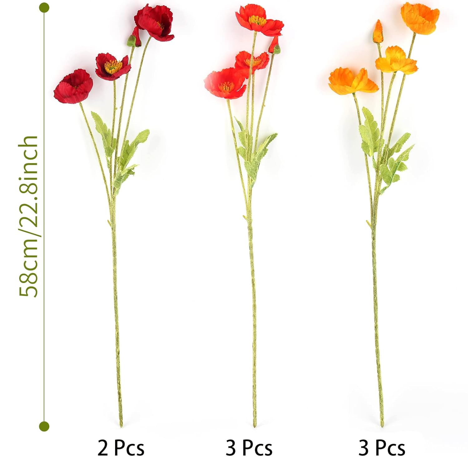 Artificial Poppies, Red And Orange Silk Poppies Artificial Flowers - 24X Blooming California Poppy Flower Artificial Plus 8X Buds For Home Decoration, Rdor8