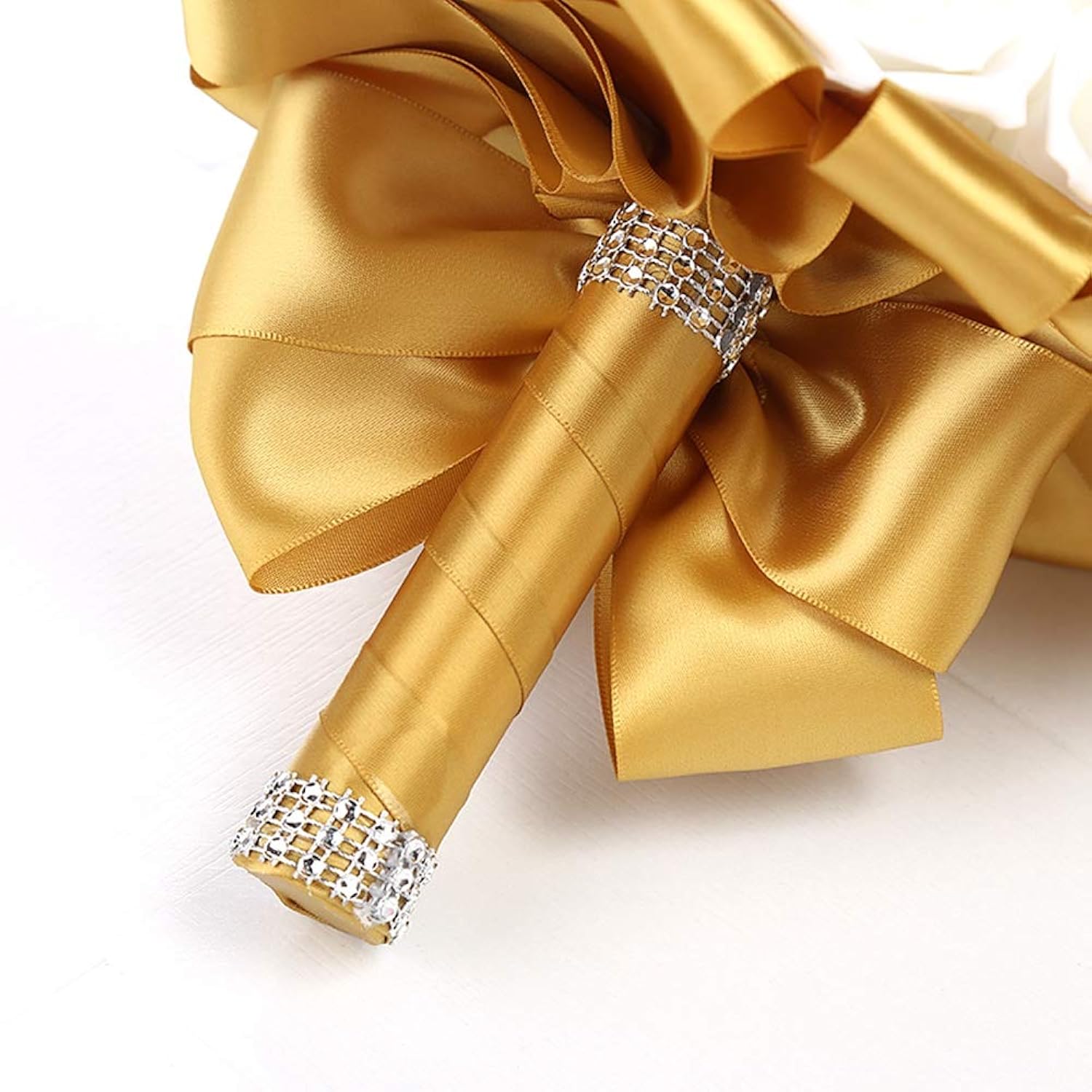 Wedding Bouquet 8 Inches Bridesmaid Toss Bouquet Hand Made Artificial Rose Flowers Diamond Satin Bridal Bouquets For Wedding, Engagement Valentine'S Day Decor (Gold)
