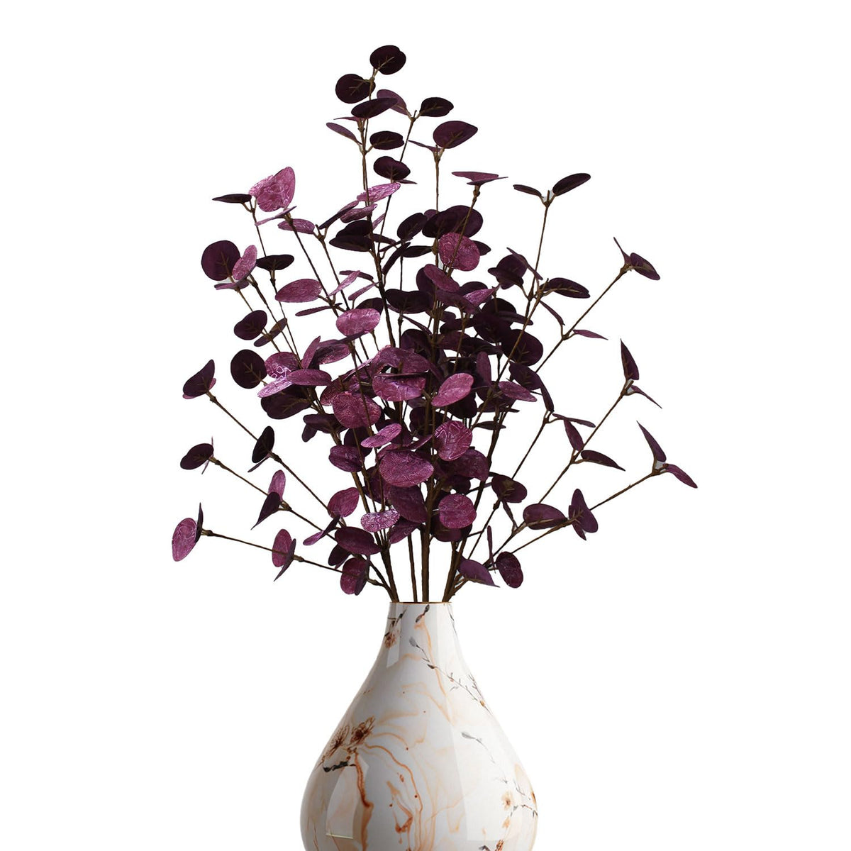 4Pcs 24" Purple Artificial Eucalyptus Stems – Metallic Faux Eucalyptus Leaves For Halloween Decor, Fall Vase Arrangement & Christmas Home Decoration