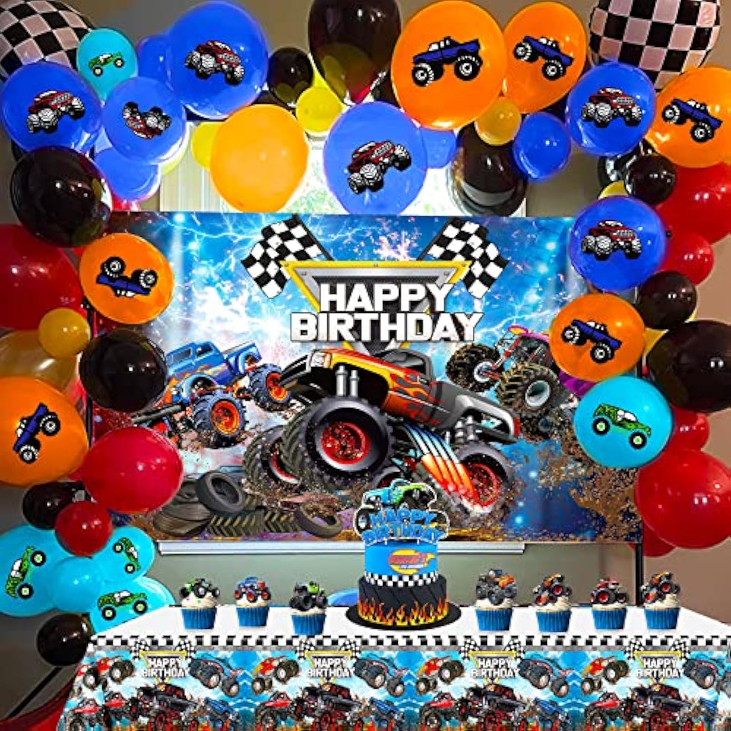 63 Pcs Monster Truck Birthday Supplies with Backdrop, Balloons, Tablecloth & Toppers