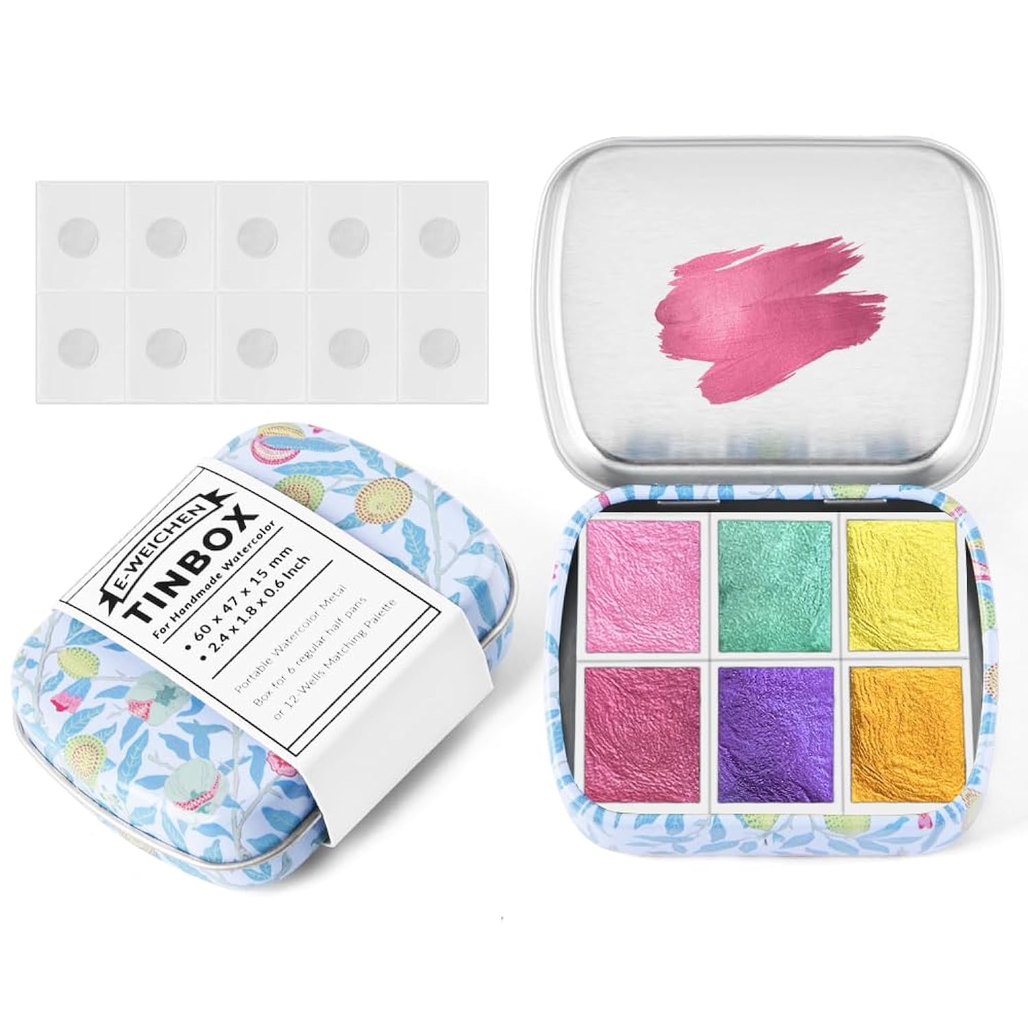 Art Supplies Handmade Watercolor Paint Set - 6 Metallic Gold Colors Half Pans Glitter Solid Water Color- Metal Case Sparkle Pearlescent Watercolour For Artists. Purple Pink Red