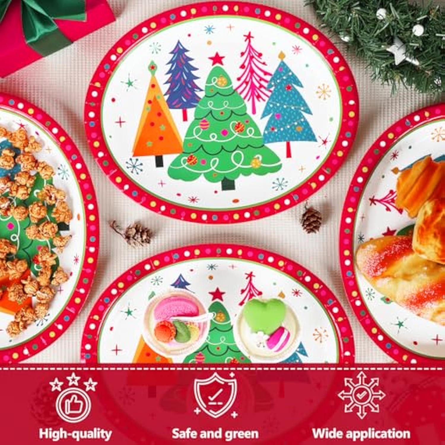 50Pcs Colorful Christmas Tree Plates Disposable Paper Christmas Tree Party Decorations Supplies 11 Inch Oval Plate Platter Dish Tray, Xmas Holiday Tableware Dinnerware