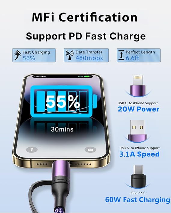 4 in 1 60W USB C Lightning Charging Cable 6FT MFi Certified Fast Charging Cord