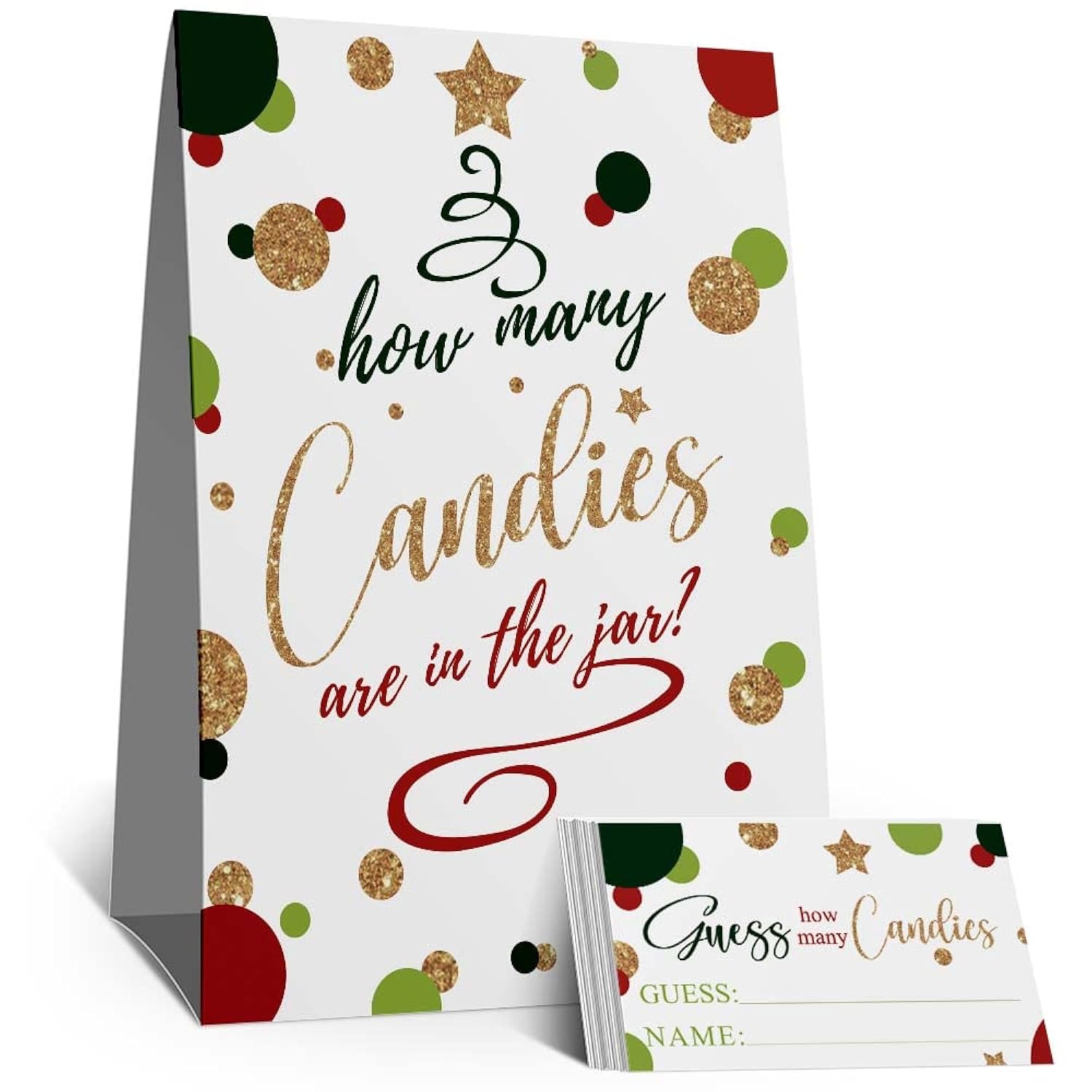 Guess How Many Candies Are In The Jar Christmas Kit (1 Standing Sign + 50 Guessing Cards), Christmas Gold Red Green Baby Shower, Bridal Shower Decoration, Christmas Game Insert Ticket
