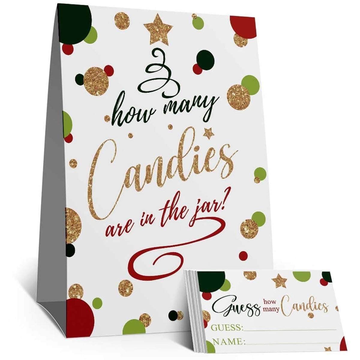 Guess How Many Candies Are In The Jar Christmas Kit (1 Standing Sign + 50 Guessing Cards), Christmas Gold Red Green Baby Shower, Bridal Shower Decoration, Christmas Game Insert Ticket