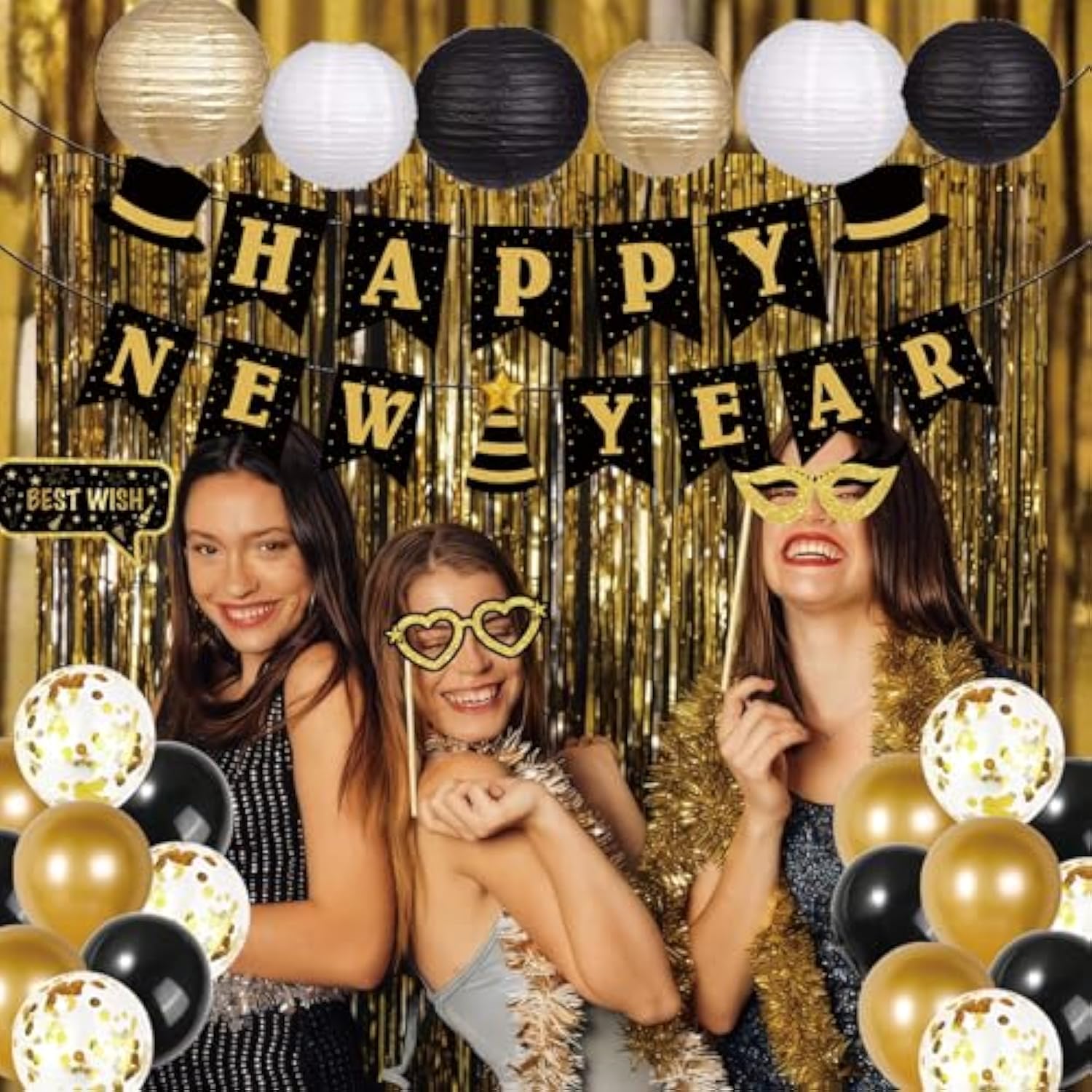 2026 New Year Party Kit in Gold, Black, and White with Banner, Balloons, and Props