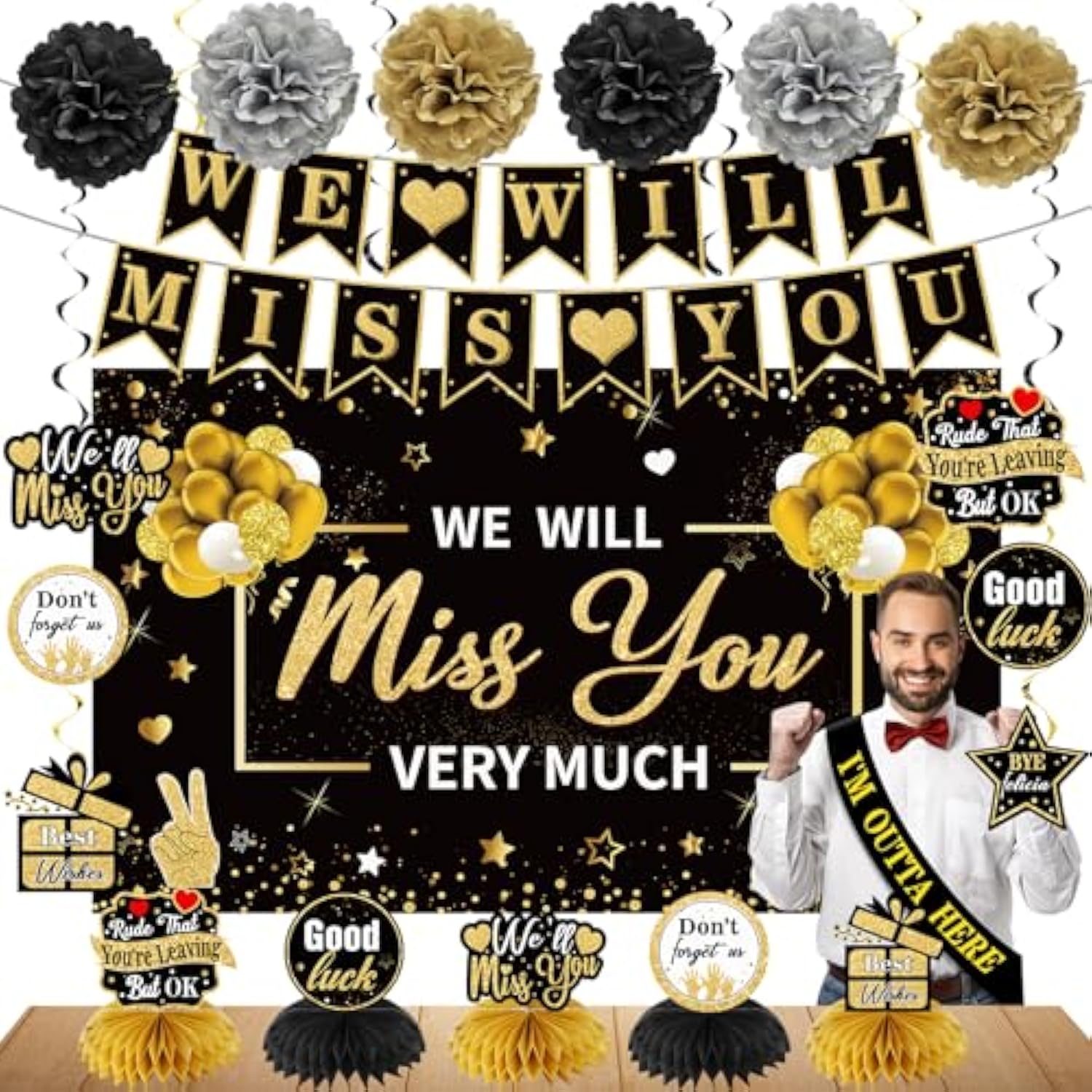 45pcs Retirement Party Decorations — Black & Gold Farewell Banner, Table Toppers & More