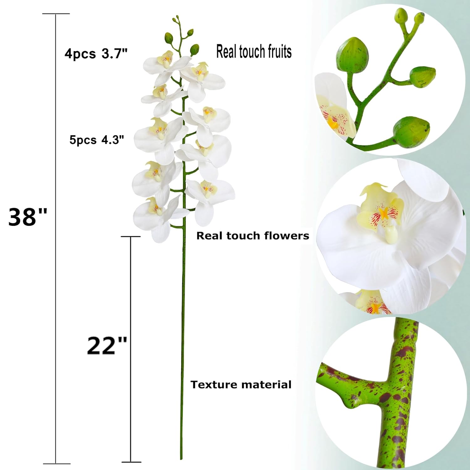 2Pcs Real Touch Orchids Stems Artificial Flowers Fake Phalaenopsis Orchid For Table Centerpiece Home Kitchen Wedding Party Decoration … (White)