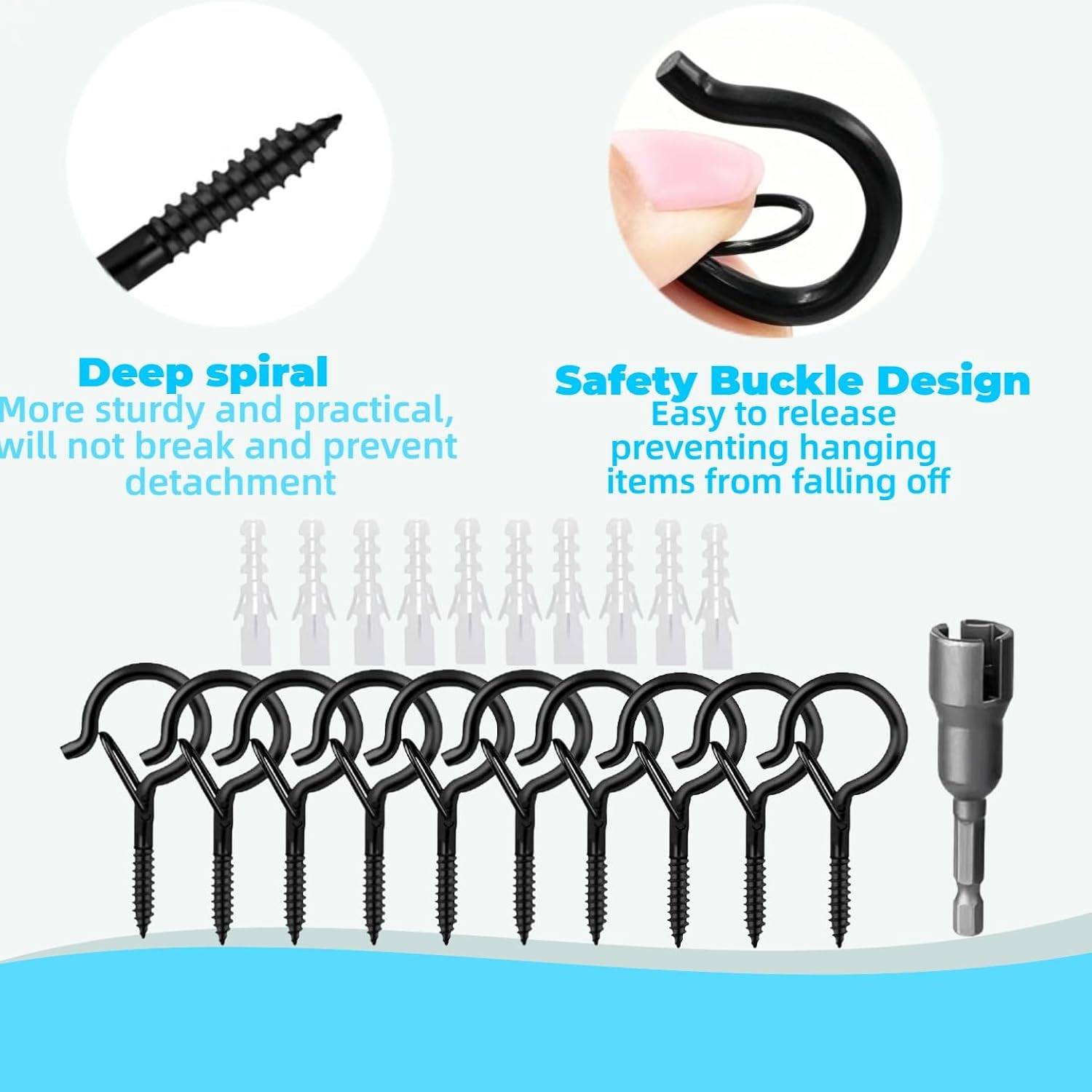 10Pcs Q-Hooks With Seat Belt Buckles, Suitable For Hanging Plants, Party Wind Chimes, Christmas Lights, Ceilings, And Wall Mounted Installations, With 1 Nut Driver