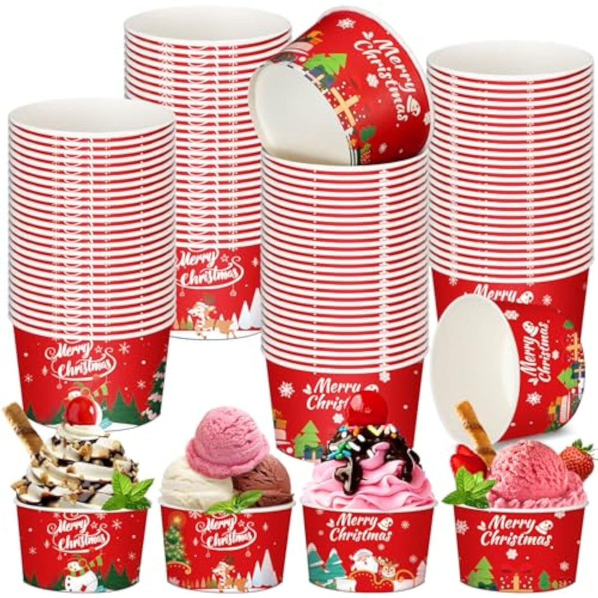 100 Pcs Christmas Treat Snack Cups 12 Oz Xmas Themed Paper Treat Food Disposable Bowls Holiday Ice Cream Snack Bowls For Parties Merry Christmas Paper Dessert Cups (Classic)