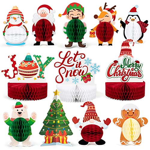 12 Pack Christmas Party Honeycomb Centerpieces for Table Decorations, Xmas Center Pieces Table Topper with Gnome Santa Snowman Tabletop Centerpieces Decor Holidays Winter Office Party Supplies