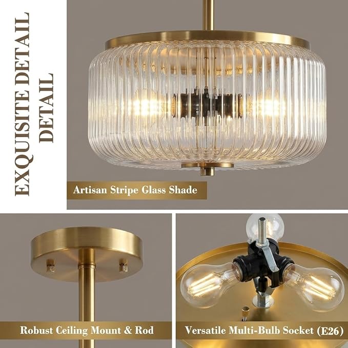 3 Light Gold Semi Flush Mount Ceiling Light Modern Clear Glass Hallway Fixture