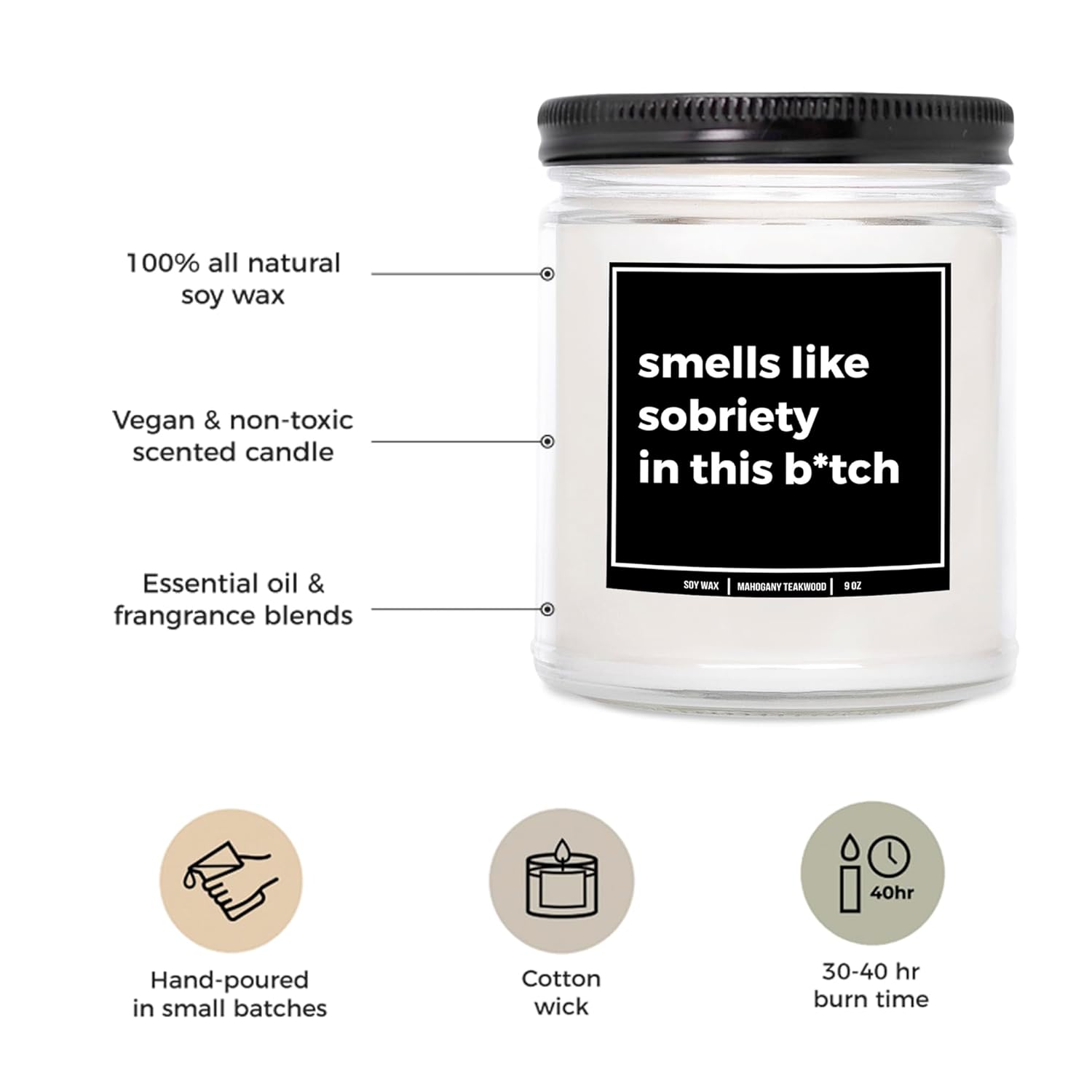 You Nique Designs Smells Like Sobriety Candle - Cool 1 Year Sober Present For Men, Women, One Year Sober Surprise For Men, Women, Sobriety Anniversary Candles, 1 Year Sobriety (Mahogany Teakwood)