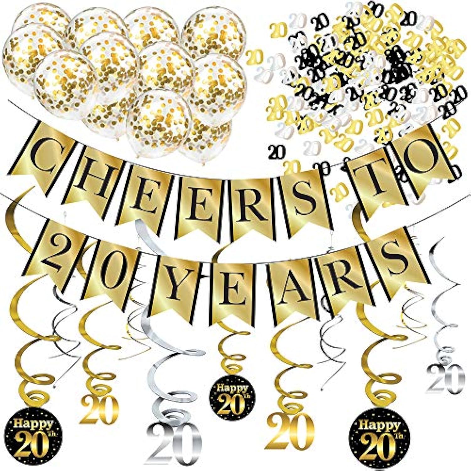20Th Birthday And Anniversary Decorations Party Pack - Cheers To 20 Years Banner, Balloons, Swirls And Confetti Party Supplies