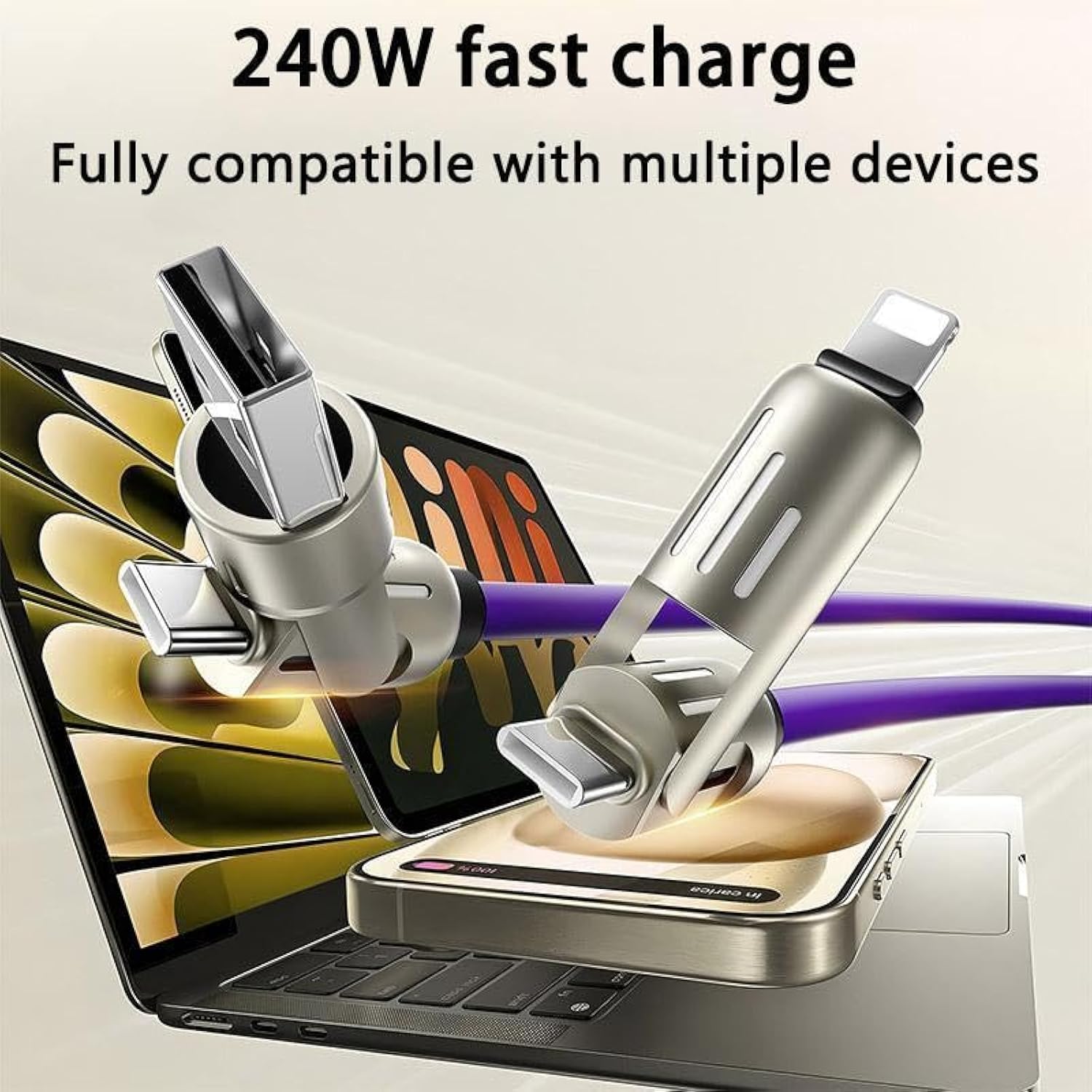 240W 4-In-1 Fast Charging Cable 6.6Ft – Usb C To Usb A Cable With Led Indicator, Triple Connector For Iphone 15/14/13, Android, Macbook – Durable Nylon Braided (Black)