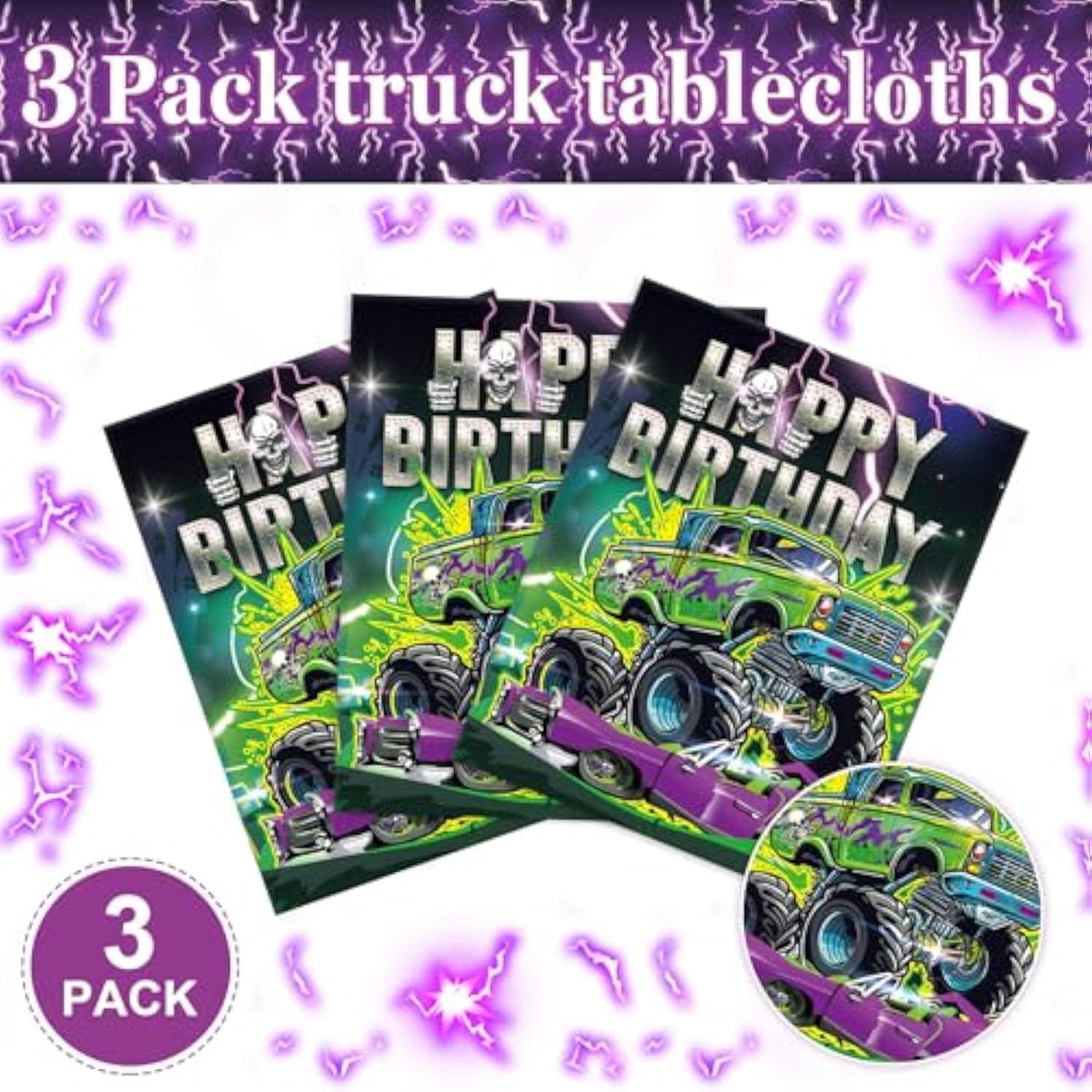 3 Pcs Monster Party Tablecloth Happy Birthday Truck Table Cloth 54 X 108 Inch Plastic Disposable Truck Theme Tablecovers For Rectangle Round Desk Theme Birthday Party Decoration Supplies