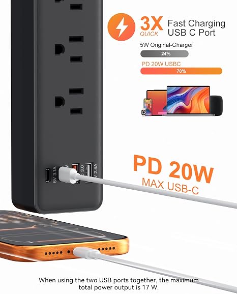 Black Power Strip Surge Protector with 6 Outlets and 4 USB Ports for Garage and Workshop