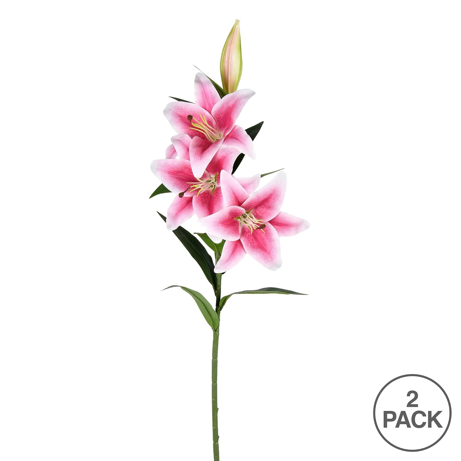 Vickerman 36'' Artificial Pink Real Touch Lily Spray - Includes 2 Sprays per Pack - 3 Flower Bloms - Rich Green Foliage - Realistic Faux Flower Bundle - Artificial Sprays