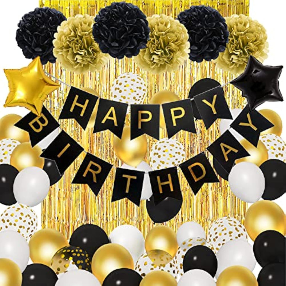 Black & Gold Birthday Decor Kit Banner, Balloons & Fringe Curtains