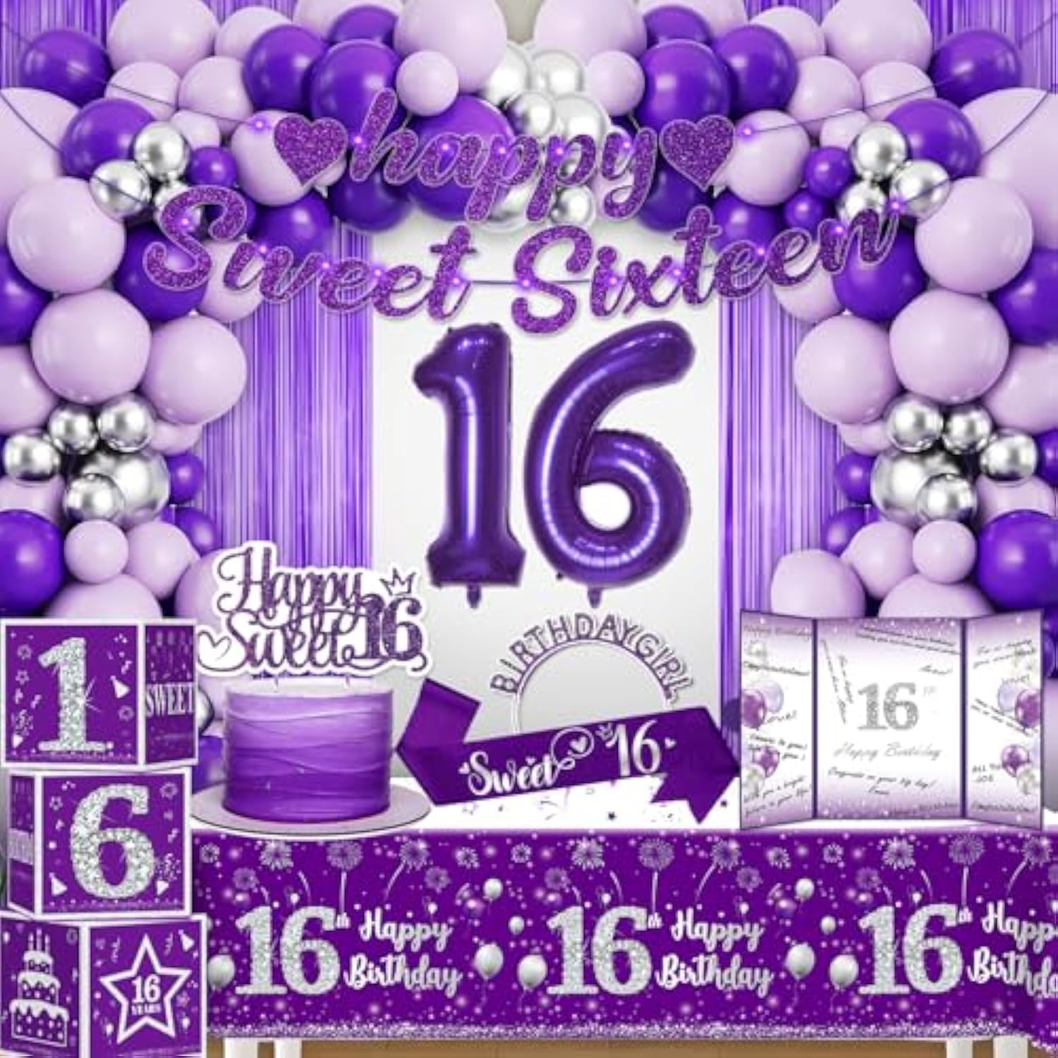 104Pcs Sweet 16 Birthday Decorations For Girls, Purple Sweet 16 Party Decorations Include Banner Balloons Balloons Box Tiara Sash Caketopper Guest Book Tablecloth Foil Fringe Curtain