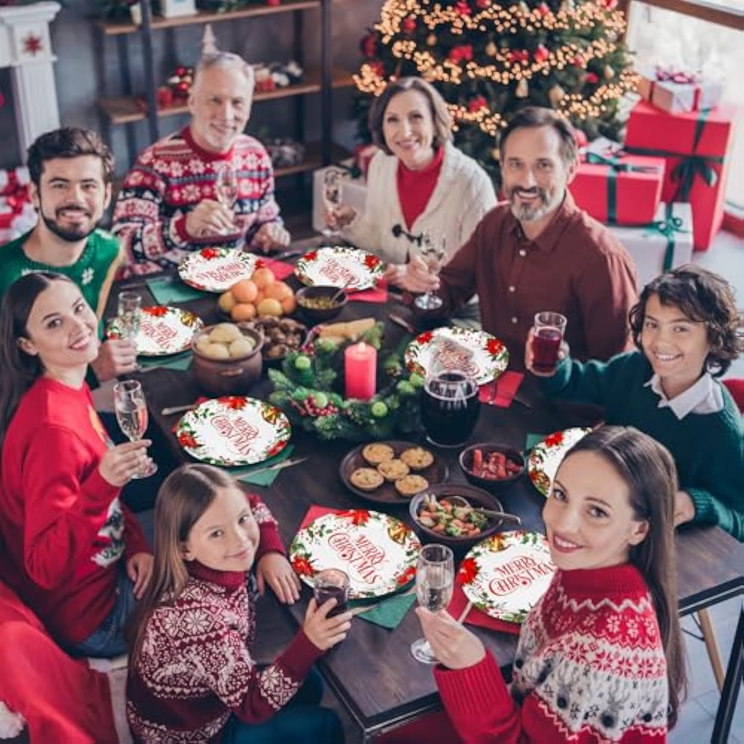 50 Pcs Christmas Paper Plates, 9'' Christmas Party Plates, Disposable Holly Poinsettia Design Merry Xmas Holiday Dinnerware For Xmas Party Supplies Winter Decorations