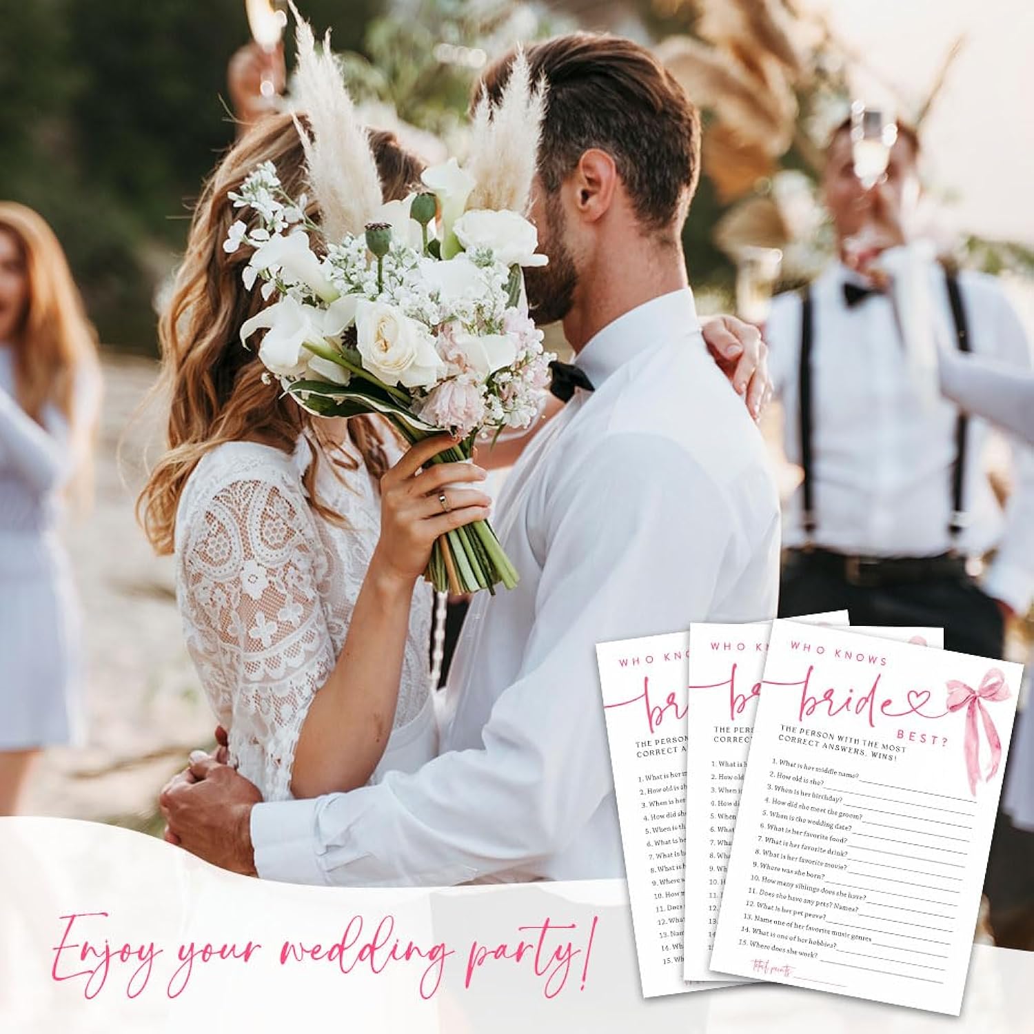 30 Pcs Who Knows Bride Best Blush Bow Game Cards Set, Wedding Engagement Game Cards, Bridal Shower Double-Sided Fill In Style Game Cards For Newlyweds, Party Game & Activities - B06