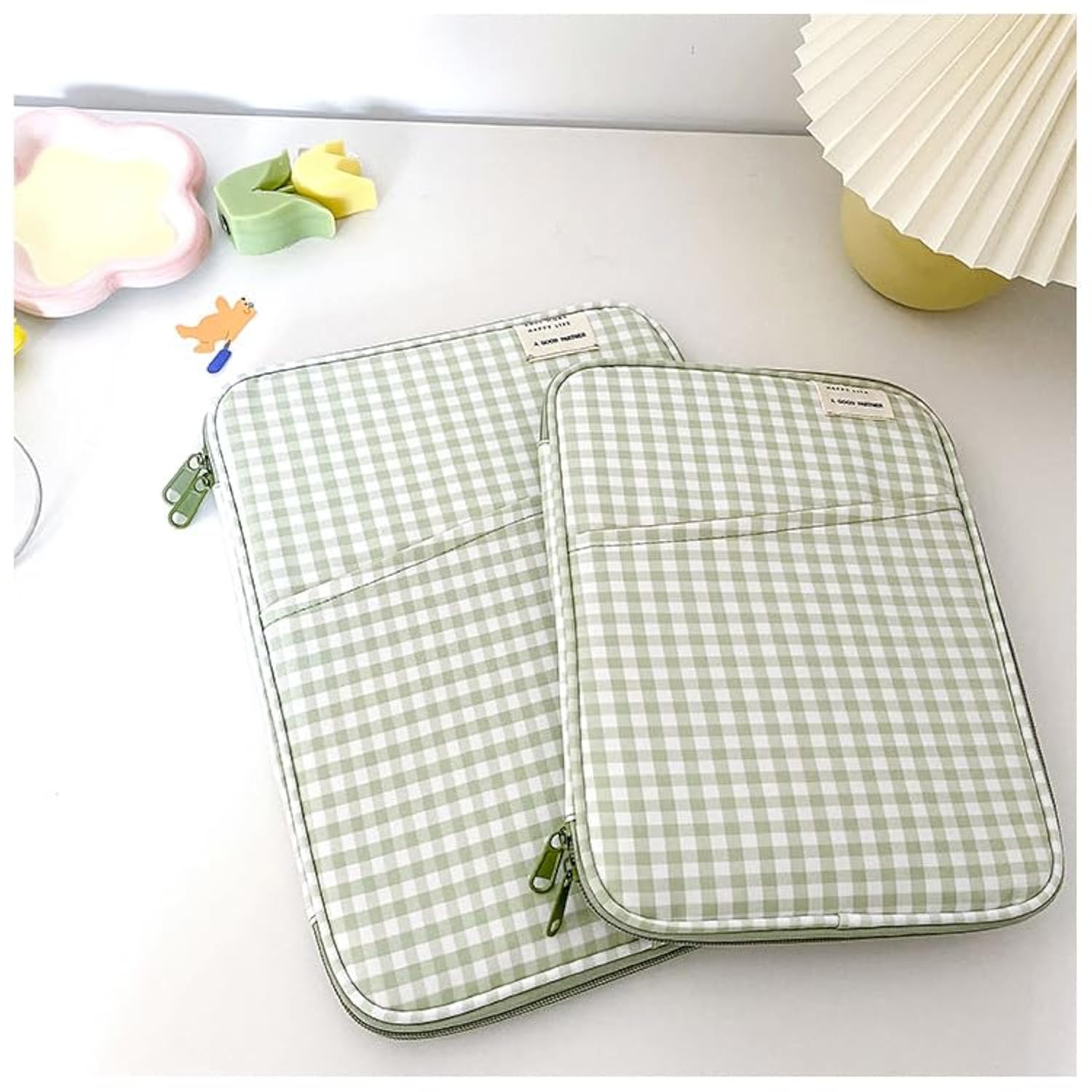 Gingham Puffy Laptop Sleeve 11-13 Inch Y2K Coquette Carrying Laptop Bag Fairycore Cover Pouch Sleeve Computer Liner Bag (11 Inch,Green)