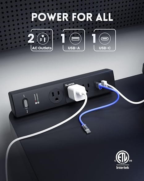 Desk Clamp Power Strip 3 Outlets 20W USB C 6FT Cord 14AWG 980J Surge Protector Black