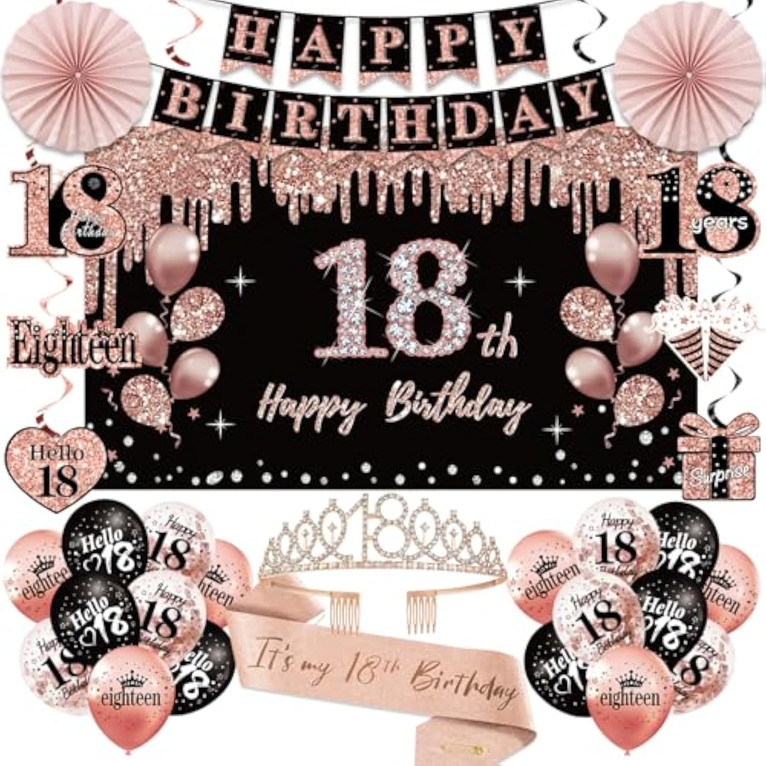 18Th Birthday Decorations For Girls, 33Pcs Black Rose Gold Happy 18Th Birthday Banner 18 Birthday Crown And Sash Balloons Backdrop Hanging Swirls Paper Fans, 18 Years Old Party Supplies Kit