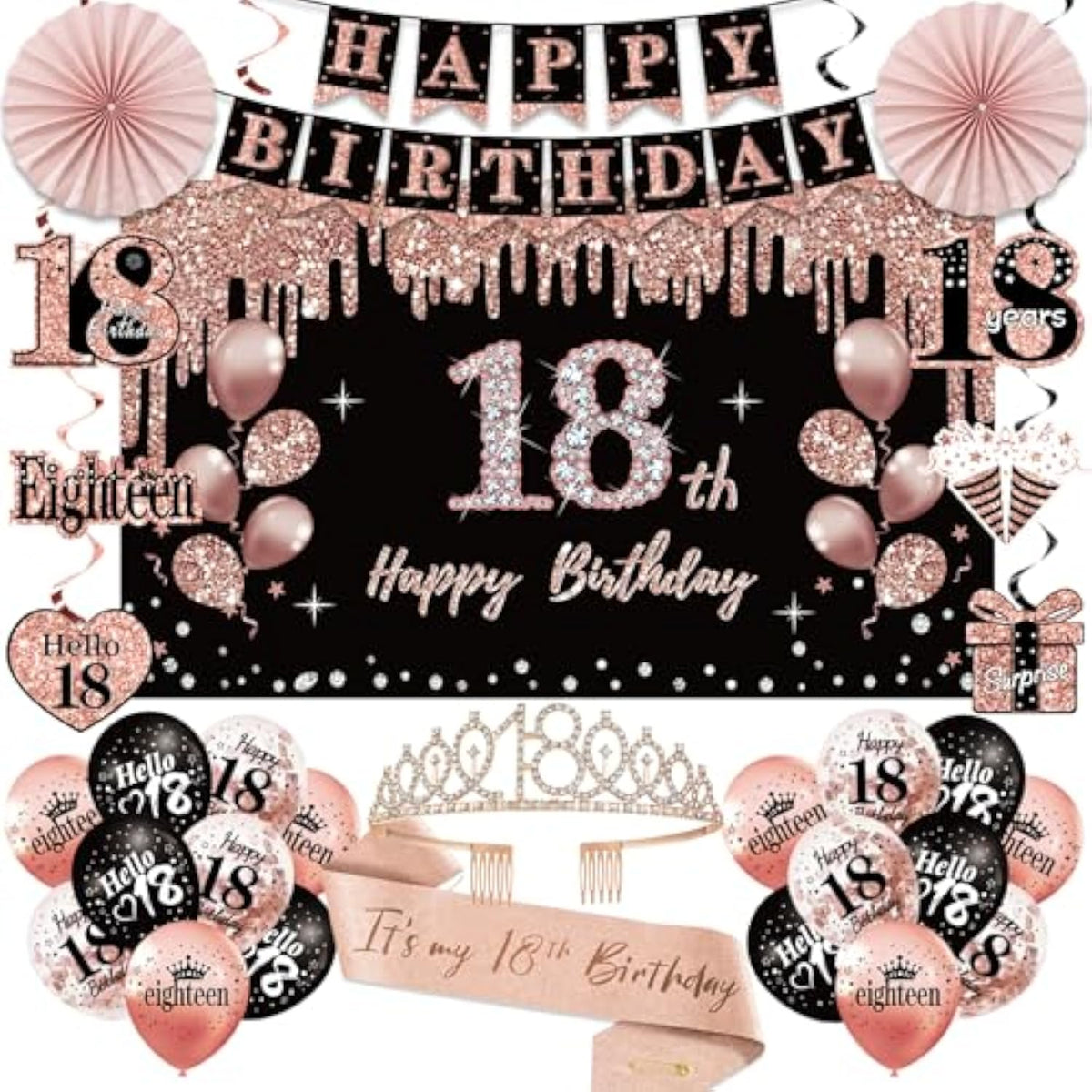 18Th Birthday Decorations For Girls, 33Pcs Black Rose Gold Happy 18Th Birthday Banner 18 Birthday Crown And Sash Balloons Backdrop Hanging Swirls Paper Fans, 18 Years Old Party Supplies Kit