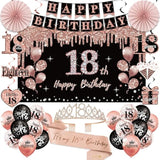 18Th Birthday Decorations For Girls, 33Pcs Black Rose Gold Happy 18Th Birthday Banner 18 Birthday Crown And Sash Balloons Backdrop Hanging Swirls Paper Fans, 18 Years Old Party Supplies Kit
