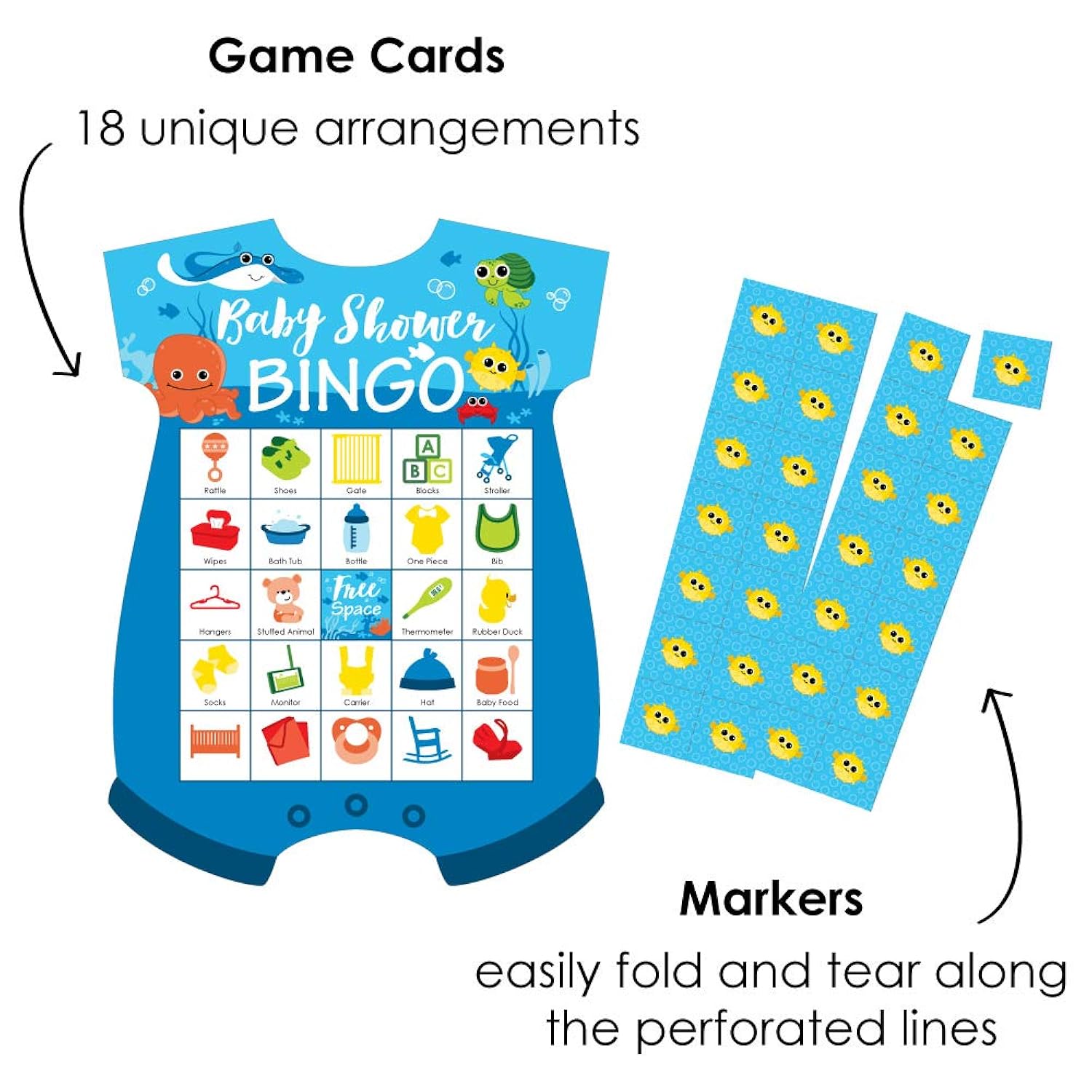 Big Dot of Happiness Under the Sea Critters - Picture Bingo Cards and Markers - Baby Shower Shaped Bingo Game - Set of 18