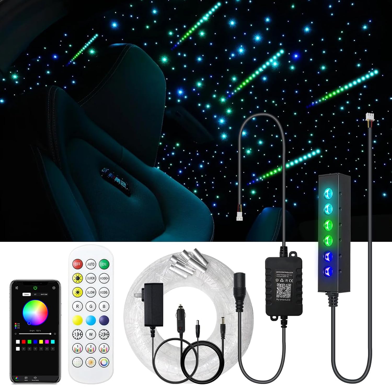 3.2W 6-Hole Rgb App Colorful Fiber Optic Lights Kit, Color Chasing Sound Activated 9.8Ft 120Pcs Of 0.75Mm Optical Fibers With Remote And App Control