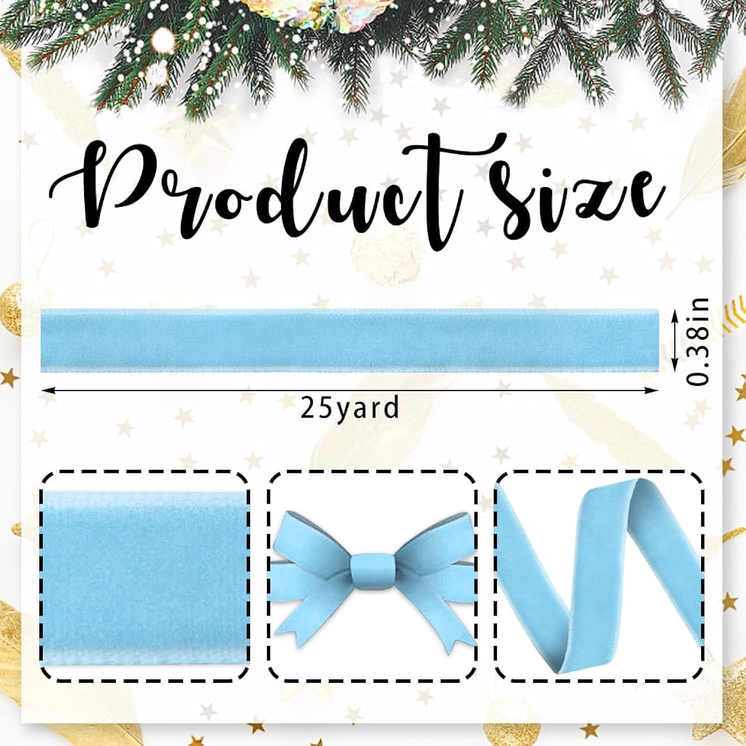 Christmas Light Blue Ribbons For Crafting, 3/8" × 25 Yards Blue Velvet Ribbon Winter Holiday Craft Ribbons For Gift Wrapping Diy Wreath Baby Shower Decorations